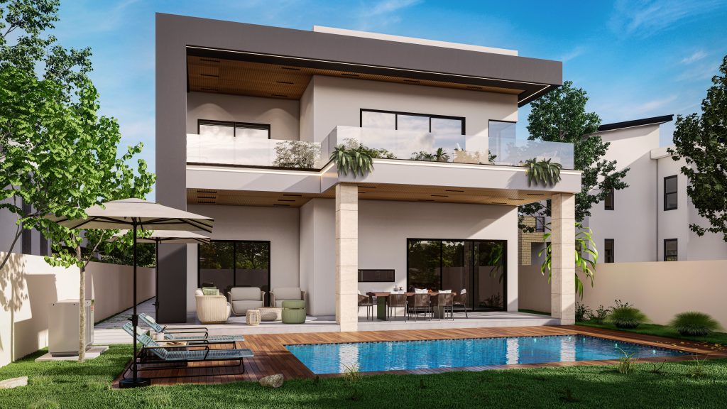 Contemporary house with a swimming pool, patio, and garden setting.